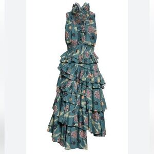 Ulla Johnson Aurore asymmetric dress teal  SZ 4